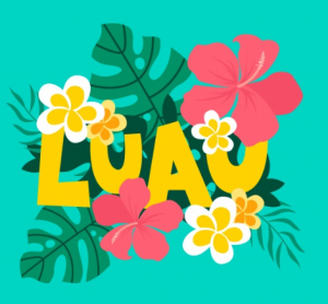 The word luau surrounded by hawaiian flowers