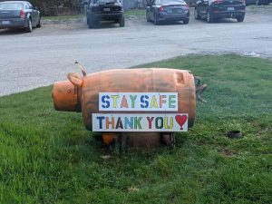 A homemade lawn statue of a pig that says stay safe thank you