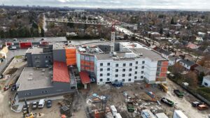 Aerial footage of construction progress at AR Goudie LTC in Kitchener